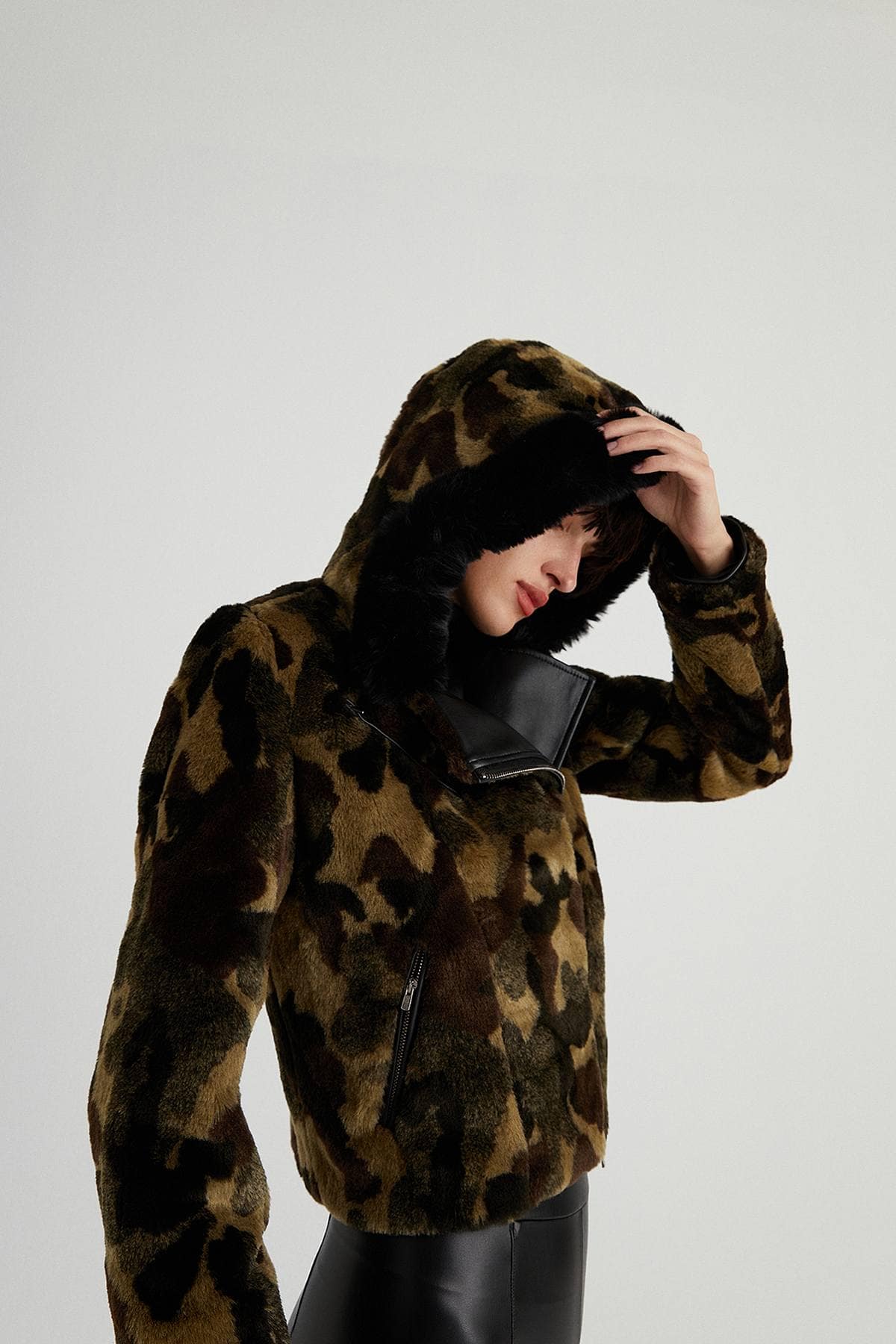 Camouflage Patterned Fur Coat